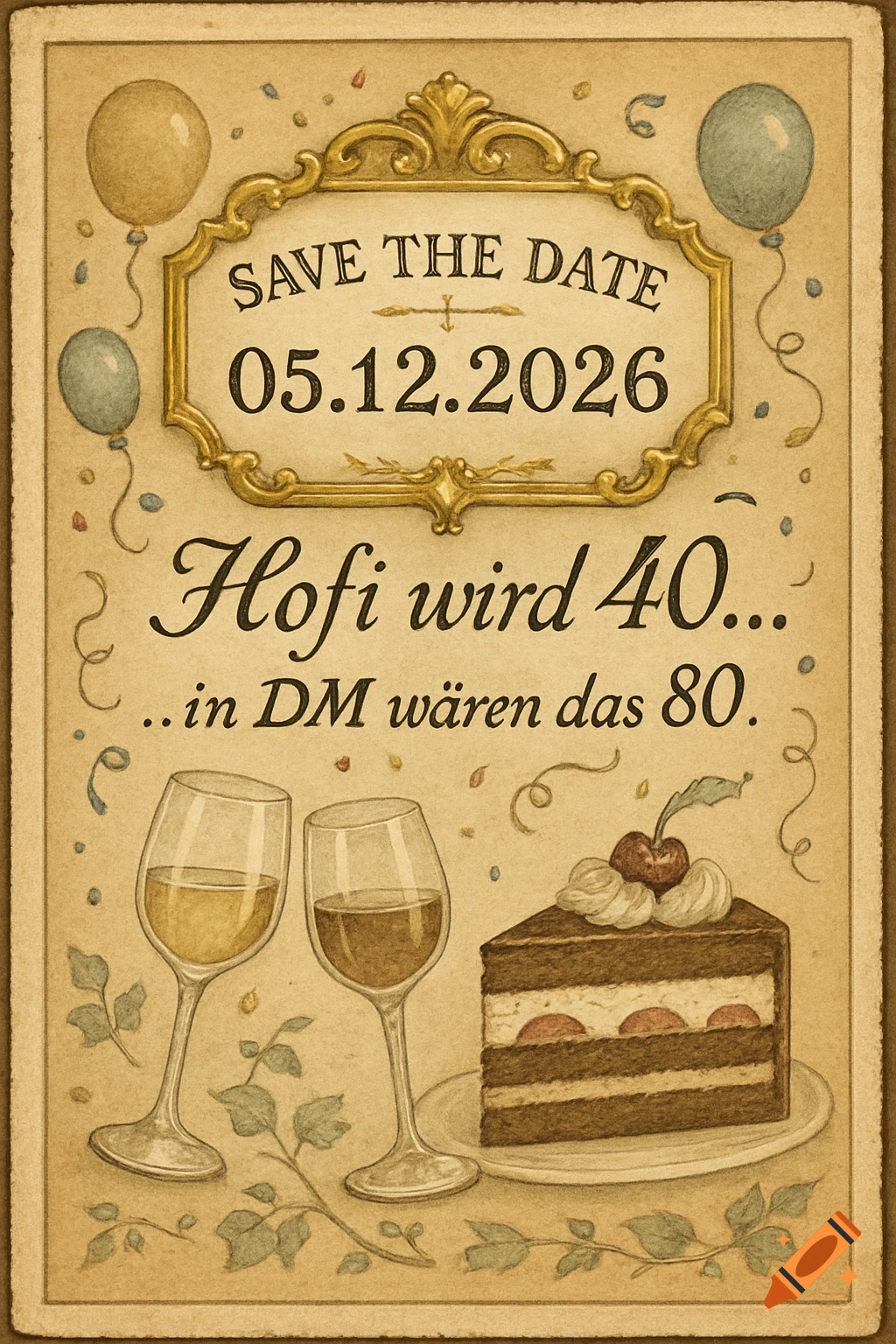 Vintage birthday invitation card with 'Save the Date' text, balloons, wine glasses, and chocolate cake illustration.