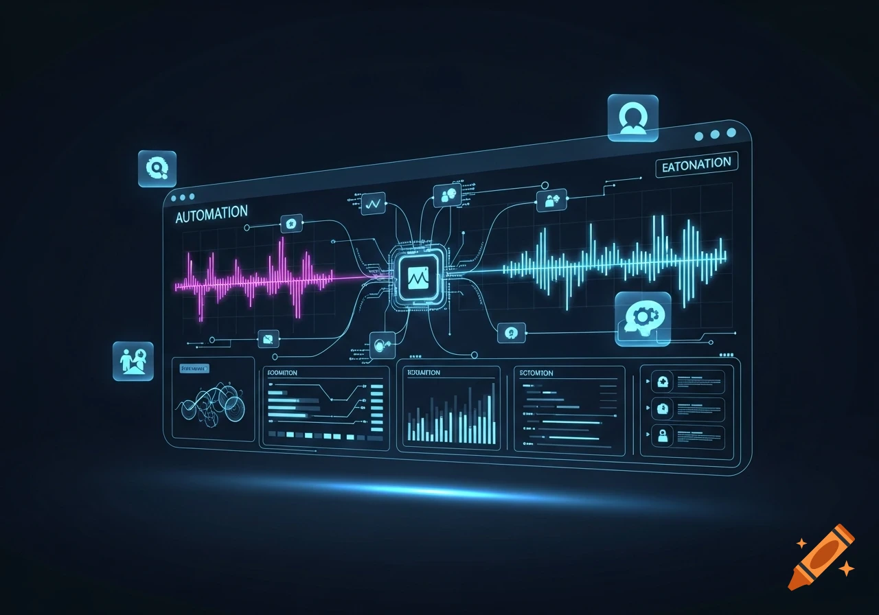 A glowing, dark blue futuristic user interface with 'AUTOMATION' text, pink and blue sound waveforms, data charts, and interconnected nodes.