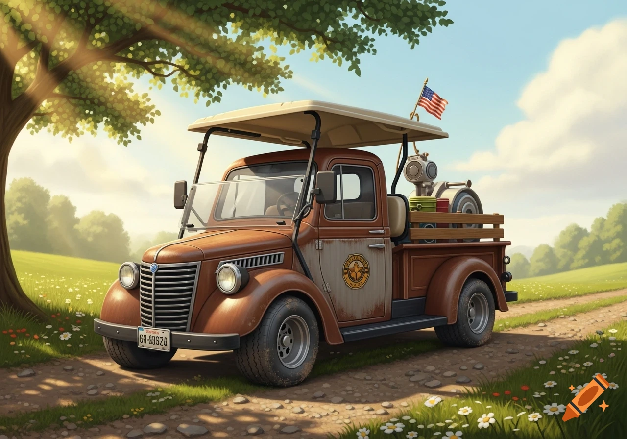 A stylized brown vintage-style golf cart pickup truck with an American flag on top, parked on a dirt path in a sunny, green field with a large tree.