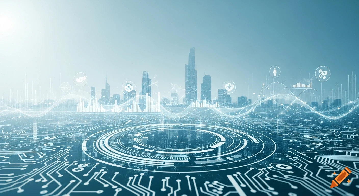 Futuristic city skyline with glowing circuit board patterns and data visualizations in blue tones.