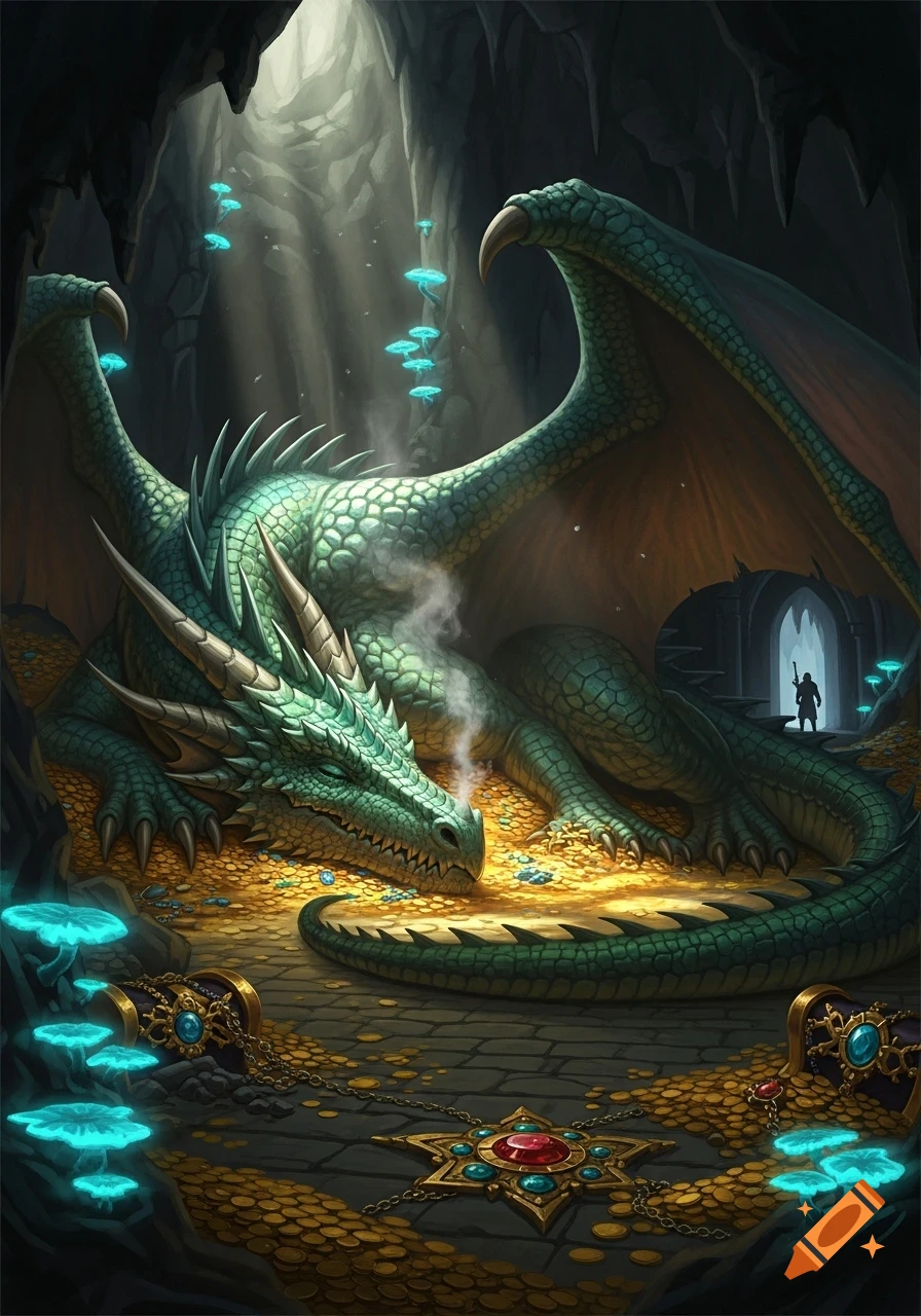 A large green dragon sleeps on a pile of gold in a dark cave with ...