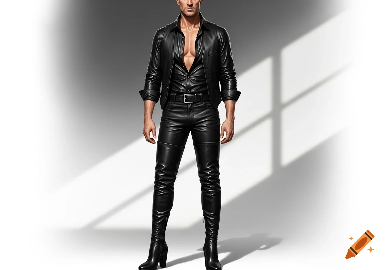 A man in an unbuttoned black leather shirt, black leather jeans, and thigh-high black leather boots stands against a white and gray background.