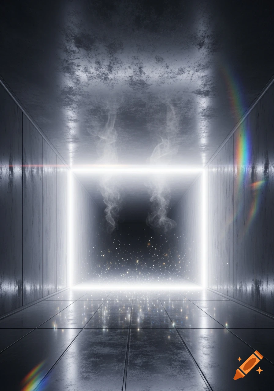 A dark, textured concrete corridor with a bright white glowing rectangular archway, smoke, and sparkling particles, featuring lens flares.