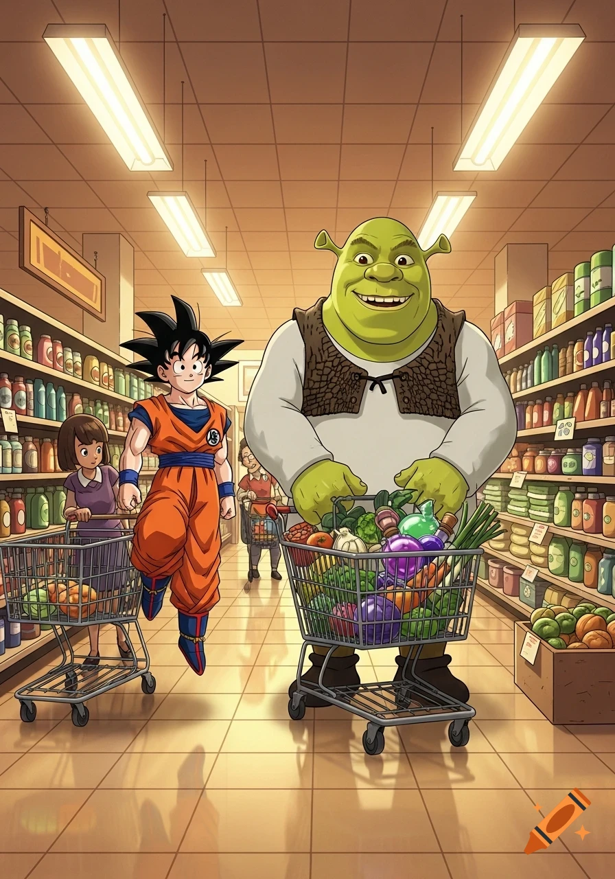 Goku and Shrek smile while pushing full shopping carts down a brightly lit supermarket aisle in an anime style.