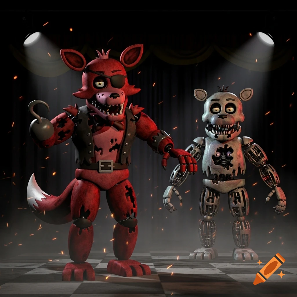 A 3D render of Foxy, a red pirate fox animatronic with an eyepatch, and a damaged white/grey Mangle animatronic on a dark stage.