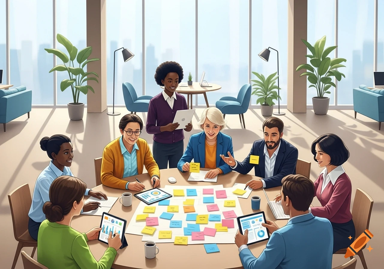 A diverse team of professionals collaborates around a table with sticky notes and digital tablets in a bright, modern office.