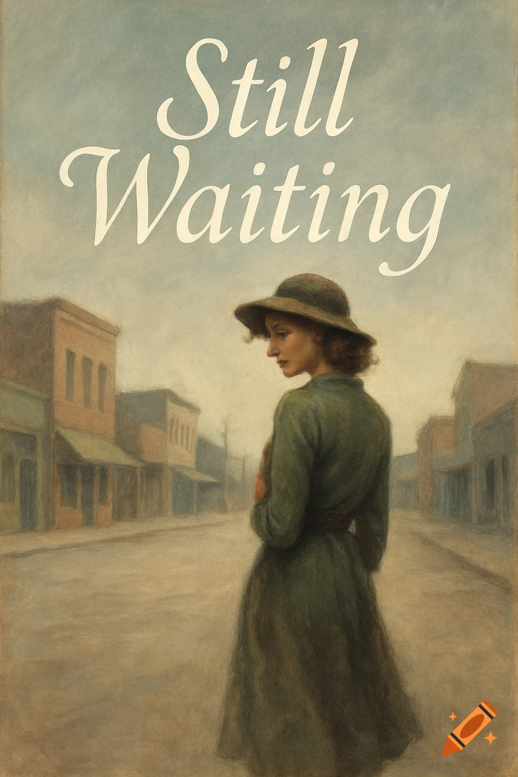 A drawn book cover for 'Still Waiting' shows a woman in a hat looking over her shoulder on a deserted small town street.