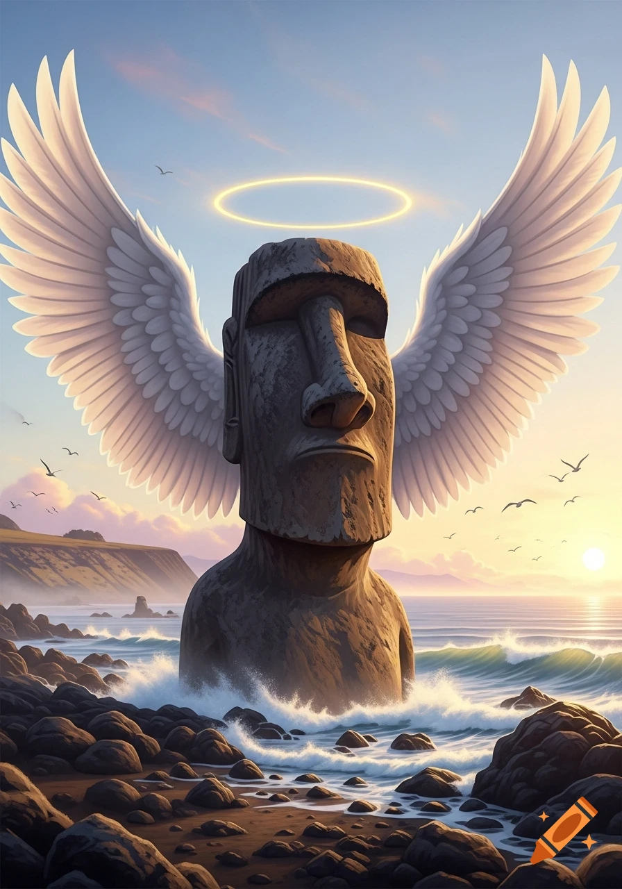 A large stone Moai head with white angelic wings and a glowing halo stands in the ocean at sunset, surrounded by waves and rocky coastline.