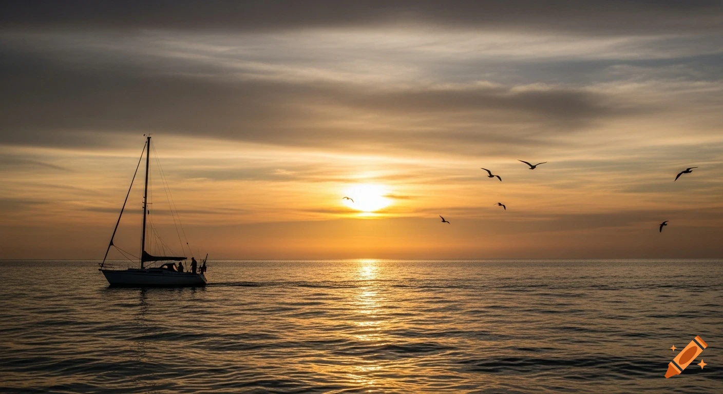Photorealistic sunset over the ocean with a silhouetted sailboat on calm water and several seagulls flying in the sky.