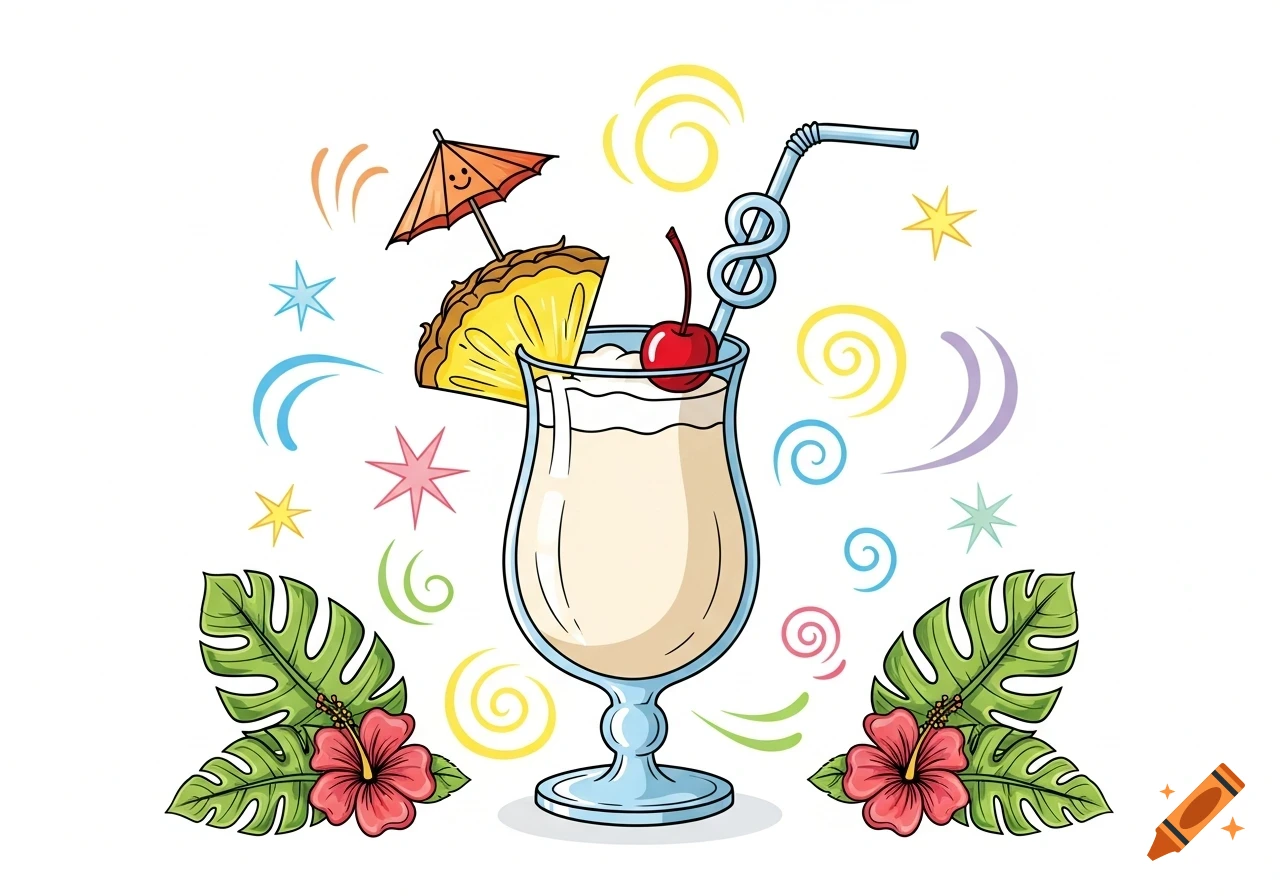 Doodle of a pina colada cocktail garnished with pineapple, a cherry, a drink umbrella, tropical leaves, and hibiscus flowers.