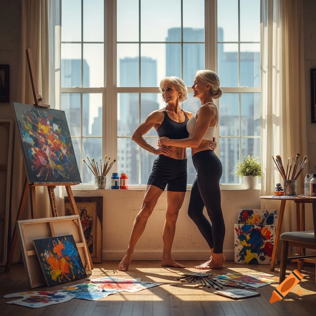 Two smiling older women in fitness attire embrace in a sunlit art studio with canvases and brushes.