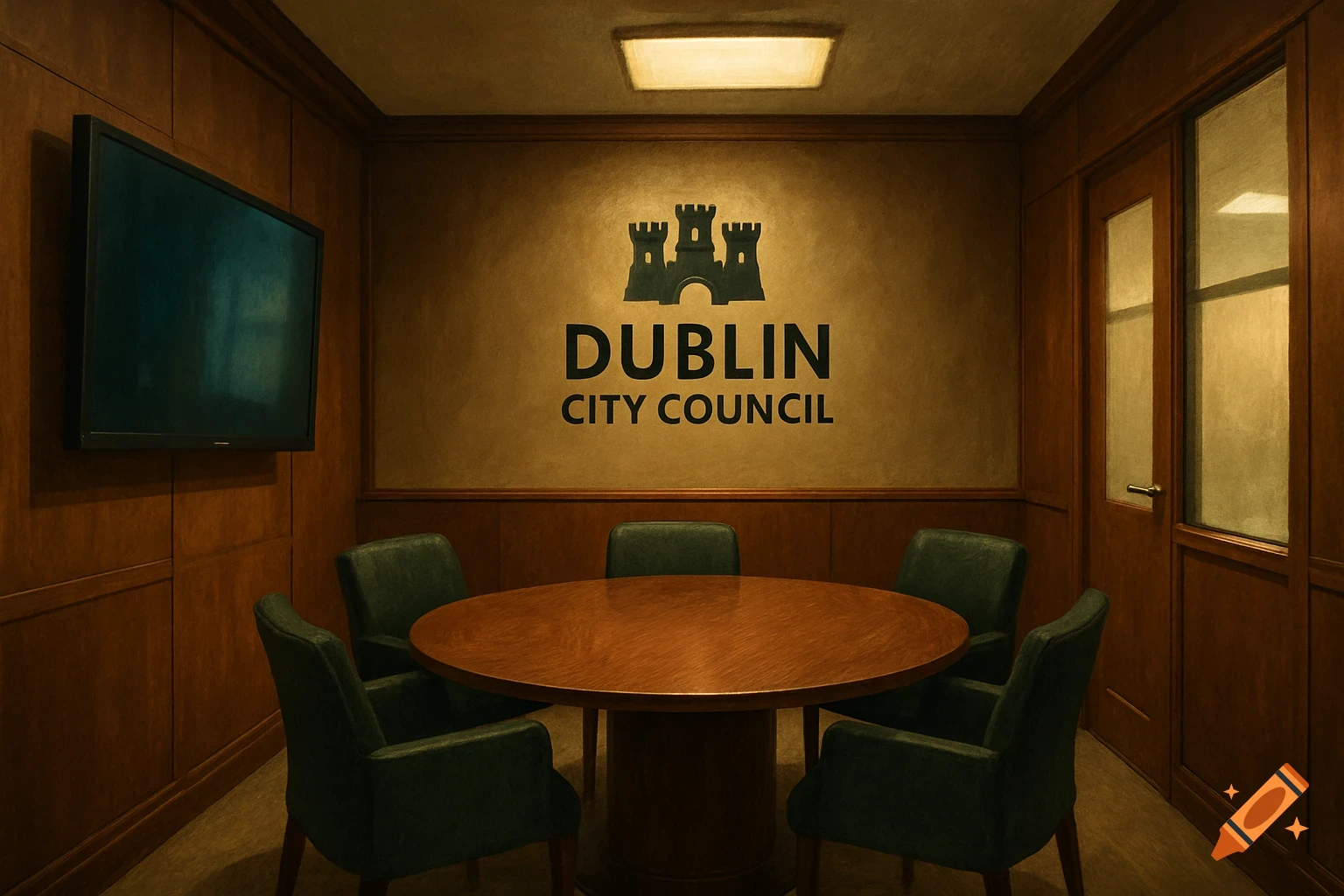 A warmly lit meeting room with a round wooden table, green chairs, a TV screen, and the 'Dublin City Council' logo on the wall.