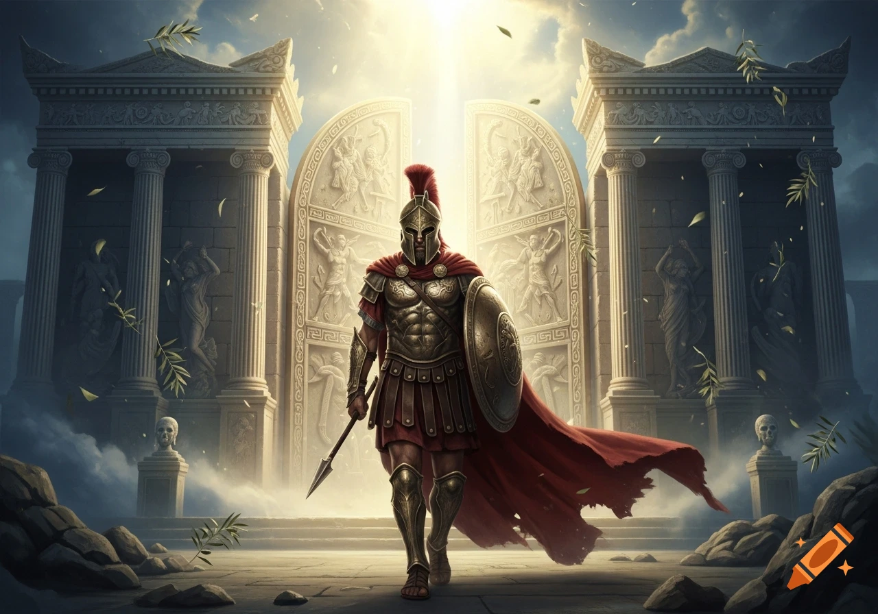 A Spartan warrior in armor and red cape with spear and shield walks through an ornate, brightly lit ancient Greek gate.