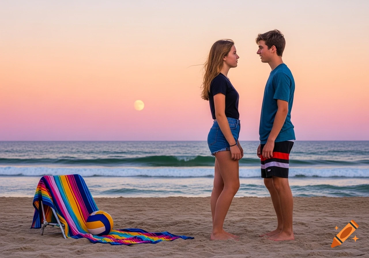 Two teenagers face each other on a sandy beach at sunset. A volleyball and striped towel rest nearby, with a pink and orange ocean sky.