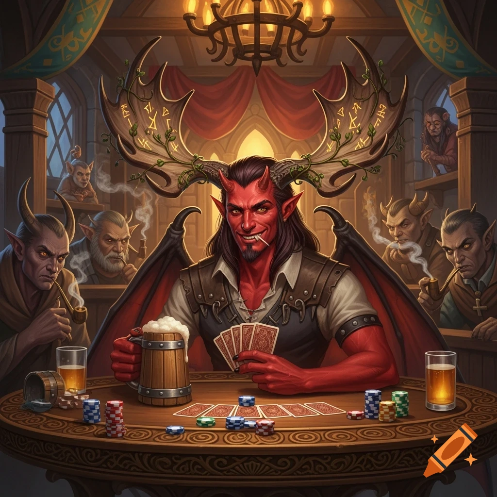 A red-skinned, horned tiefling with moose antlers plays poker and drinks beer in a fantasy tavern with other demon-like figures.