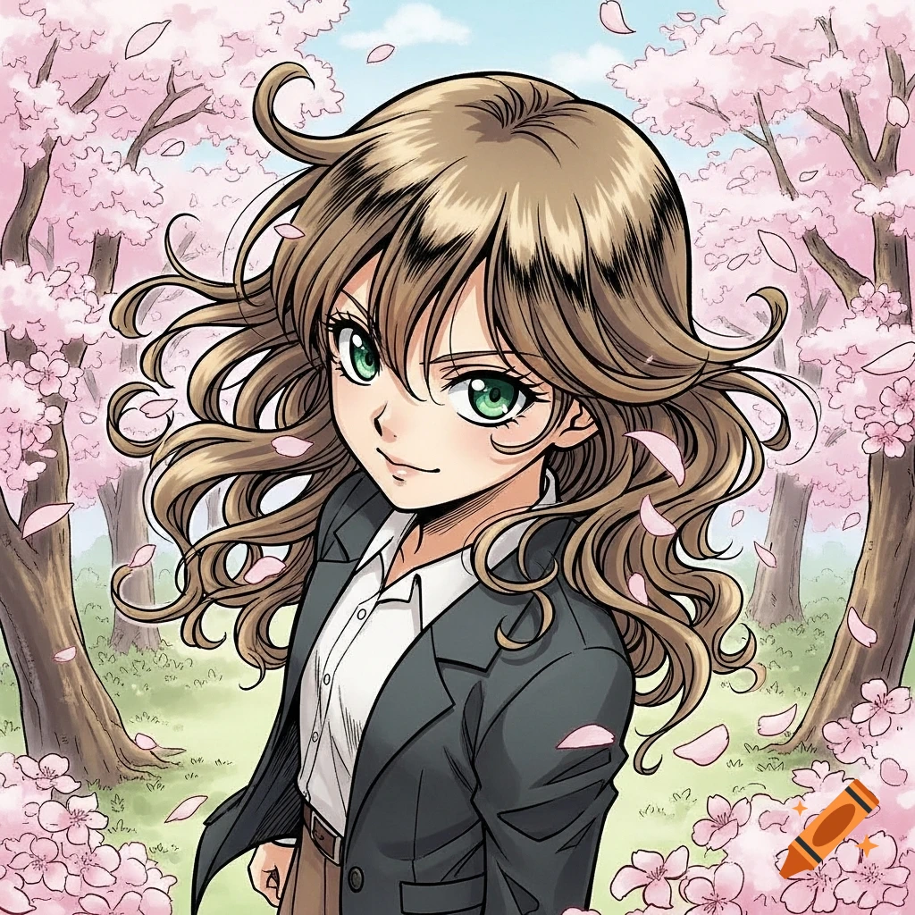 Anime-style girl with wavy brown hair and green eyes in a dark blazer, surrounded by pink cherry blossom trees with falling petals.
