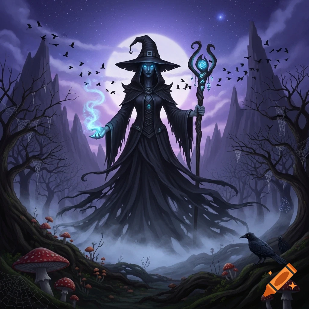 A witch with glowing eyes and a staff conjures blue magic in a spooky, moonlit forest with bats, crows, and mushrooms.