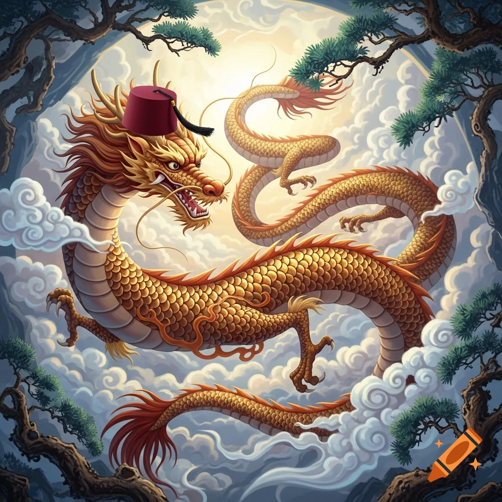 A golden Chinese dragon with a red fez flies through a cloudy sky, framed by dark tree branches.