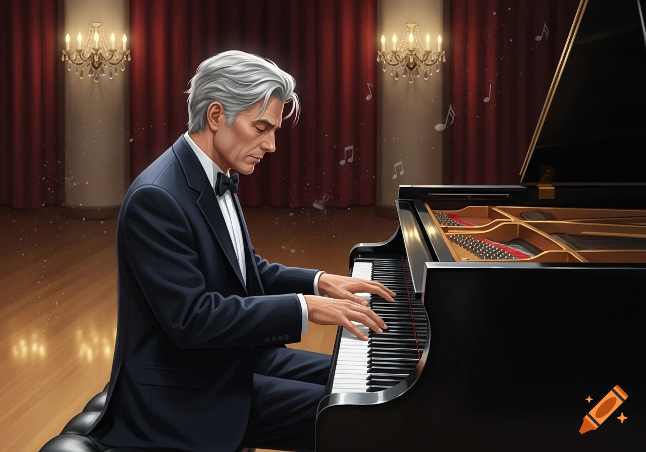 A mature man with grey hair in a suit plays a grand piano on a stage with red curtains.
