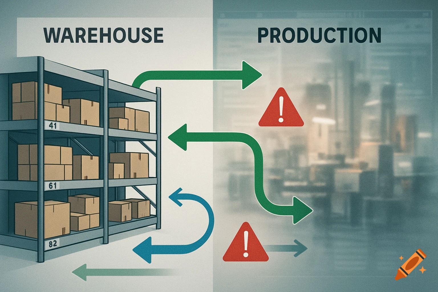 Illustration of warehouse and production process flow, showing material movement with arrows and warning signs for lack of transparency.