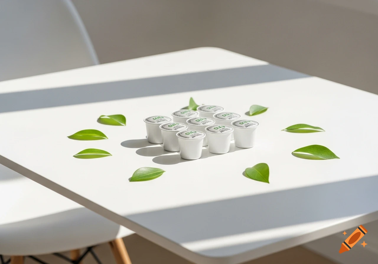 Nine white eco-friendly coffee pods surrounded by green leaves on a clean white table with natural light.