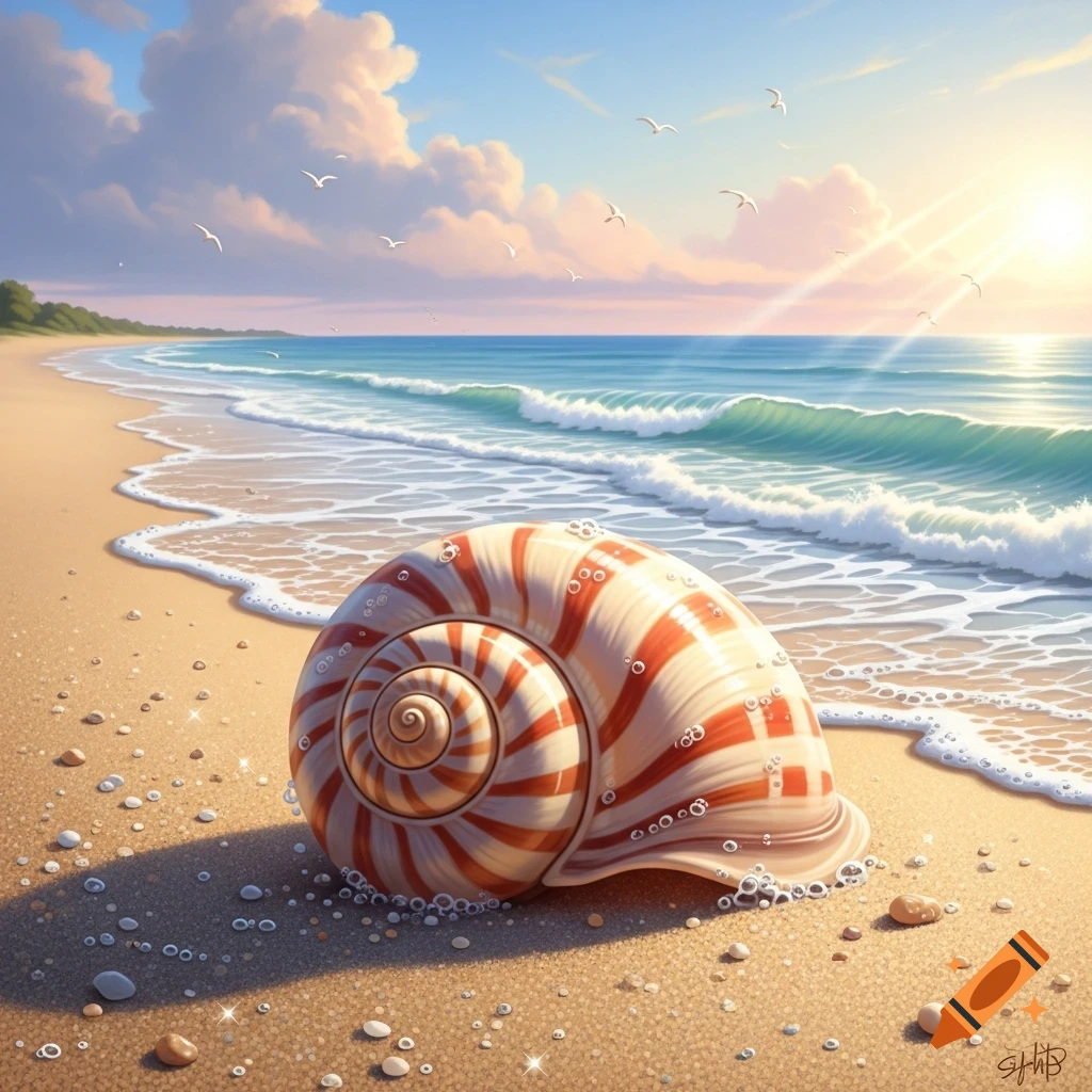 A large, red and white striped seashell rests on a sandy beach with blue waves, gulls, and a sunny sky in an illustrative style.