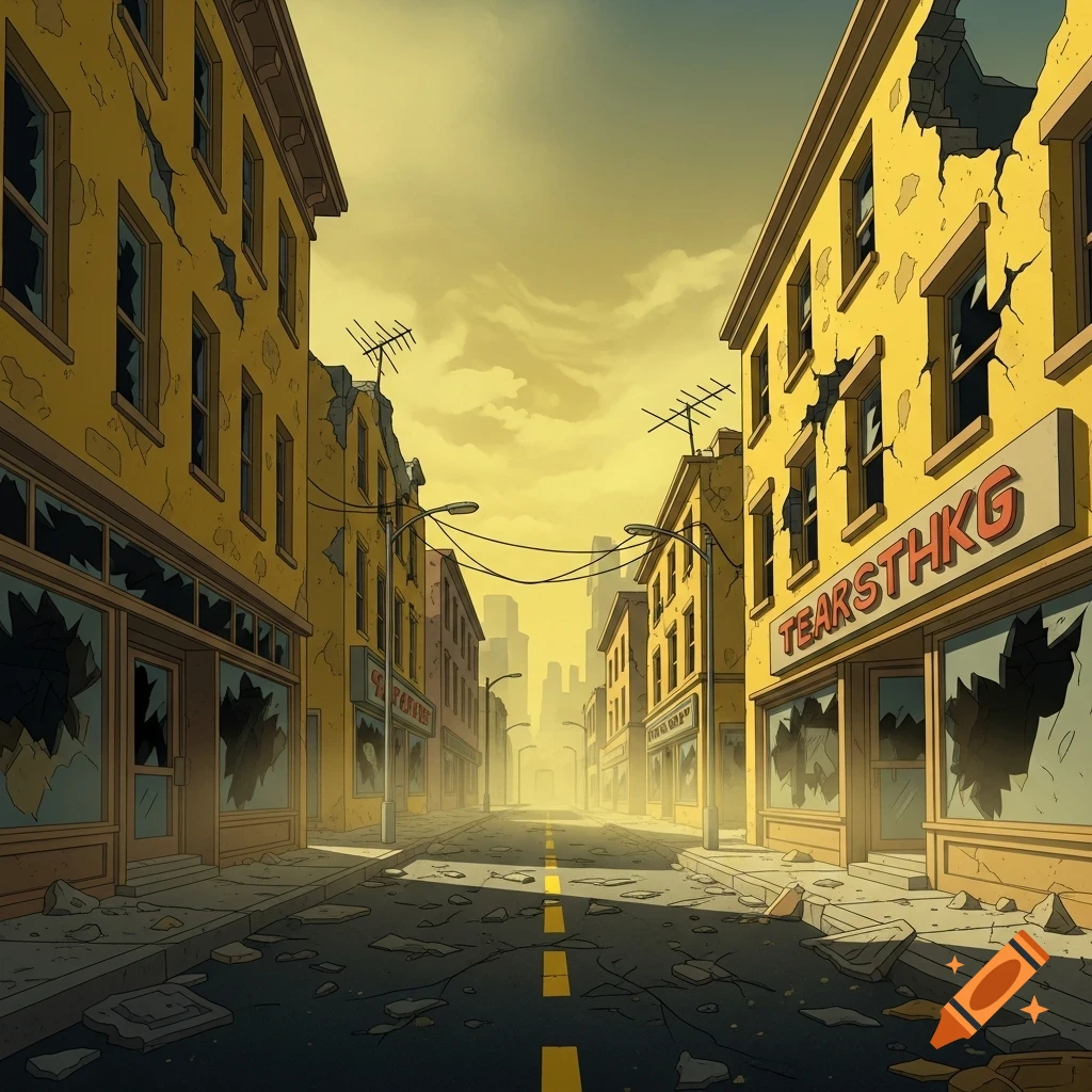 Cartoon-style ruined street with yellow buildings, broken windows, and debris, under a hazy yellow sky.