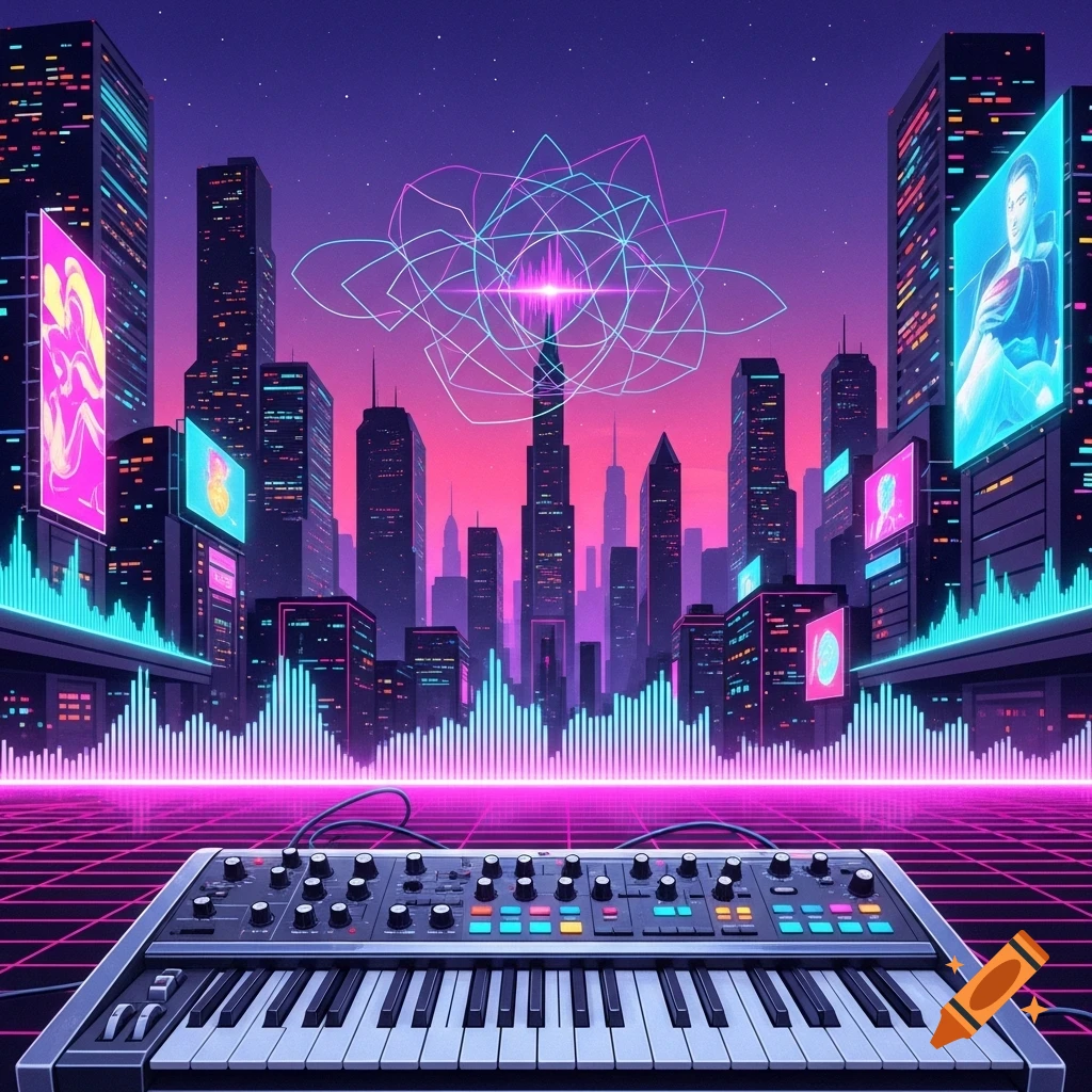 A synth keyboard in the foreground of a neon-lit city skyline with equalizer bars, evoking an 80s synthwave aesthetic.