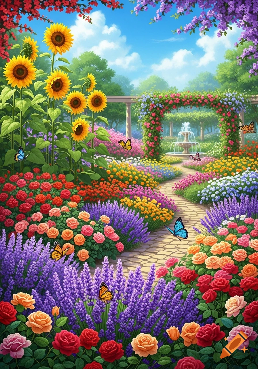 A vibrant, colorful garden with a stone path, tall sunflowers, beds of red roses and purple lavender, butterflies, and a distant fountain.