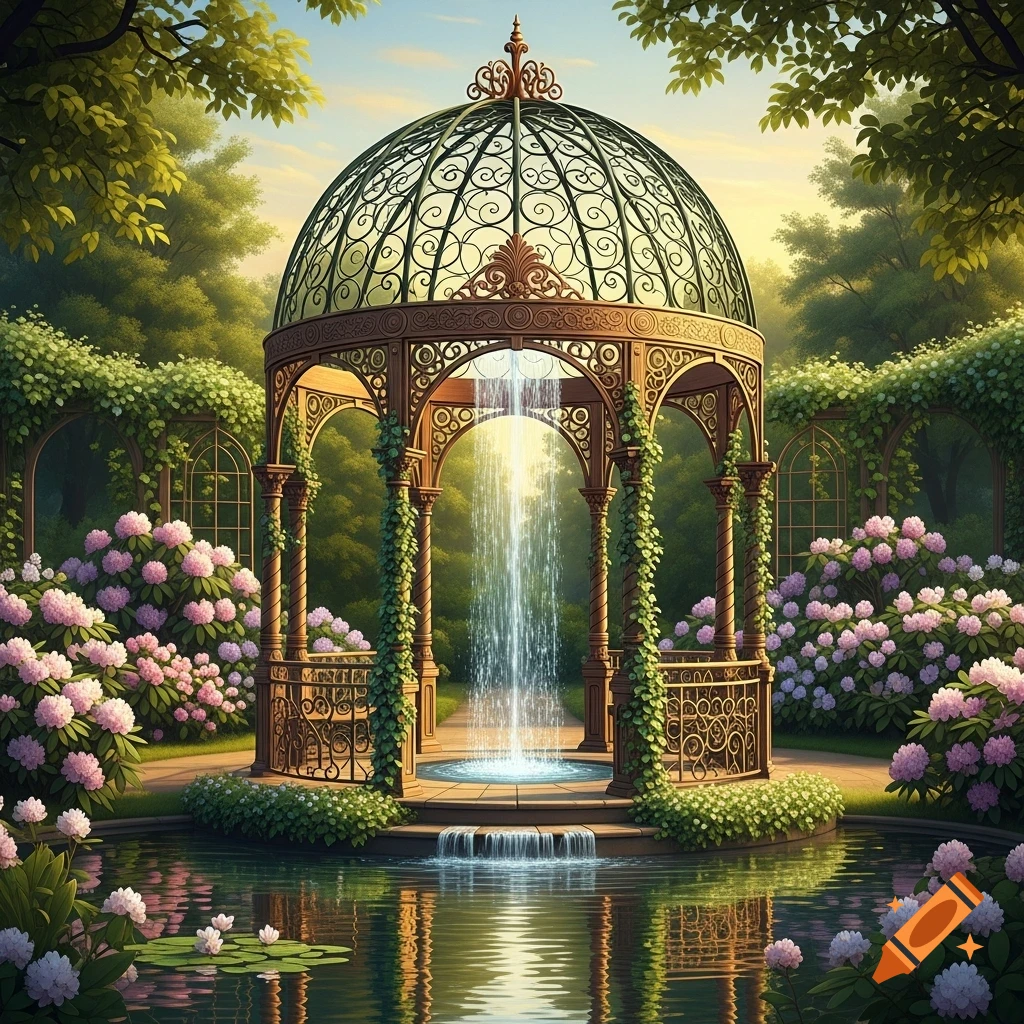 Elaborate Victorian-style gazebo with a waterfall flowing into a pond, surrounded by lush greenery and pink hydrangeas in a sunlit garden.