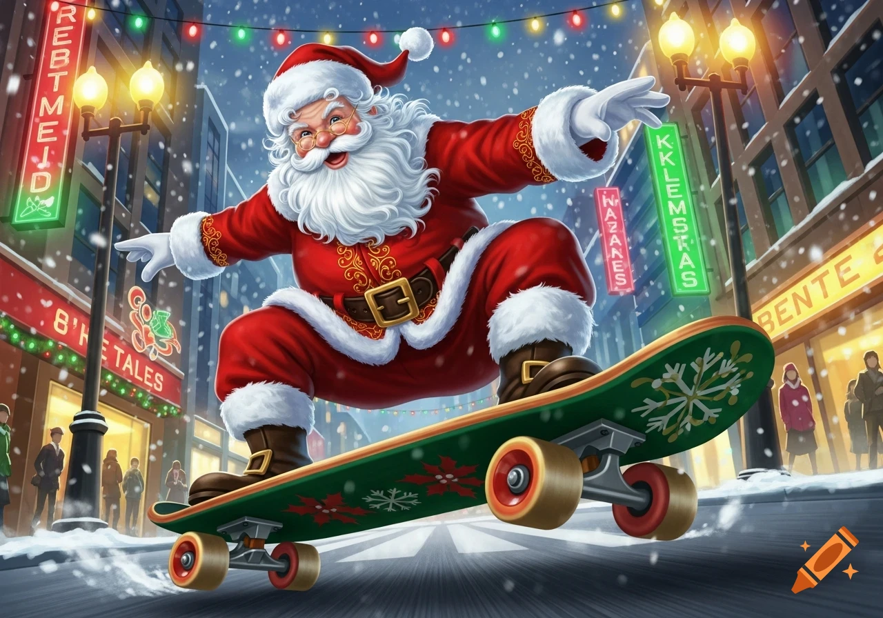 Santa Claus grins while riding a skateboard down a snowy city street at night, illuminated by festive lights and neon signs.