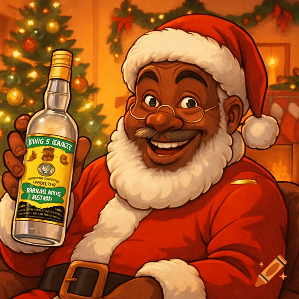 Cartoon Black Santa Claus with a warm grin holds a bottle of alcohol in a festive living room with a Christmas tree.