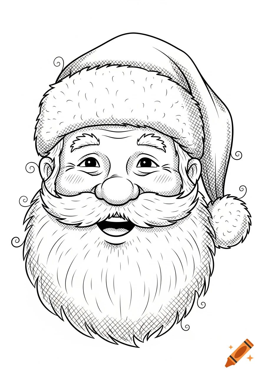 A cheerful black and white line art illustration of Santa Claus's head, featuring a warm hat.