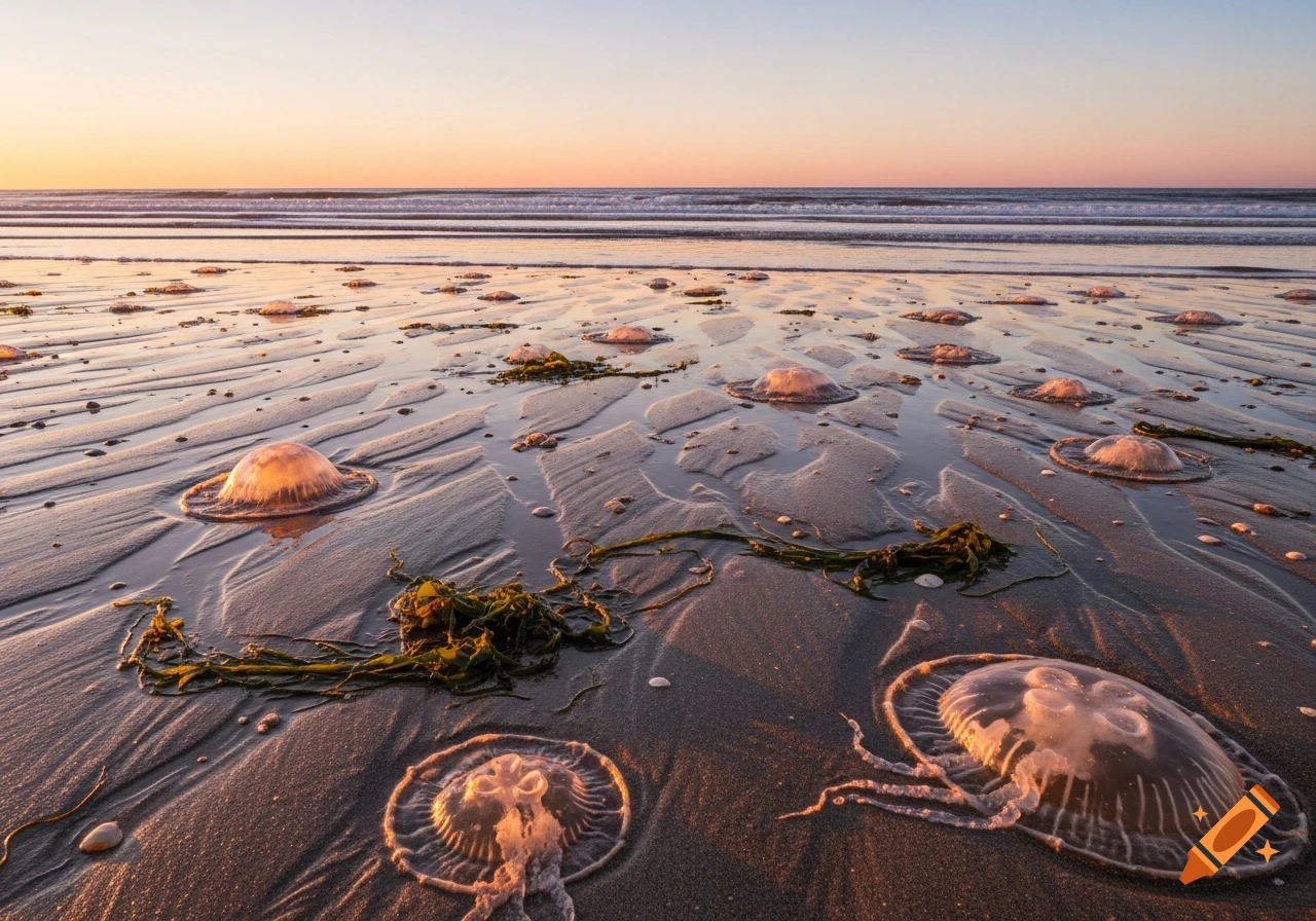 A sandy beach with numerous beached jellyfish and seaweed under a warm sunset sky over the ocean.