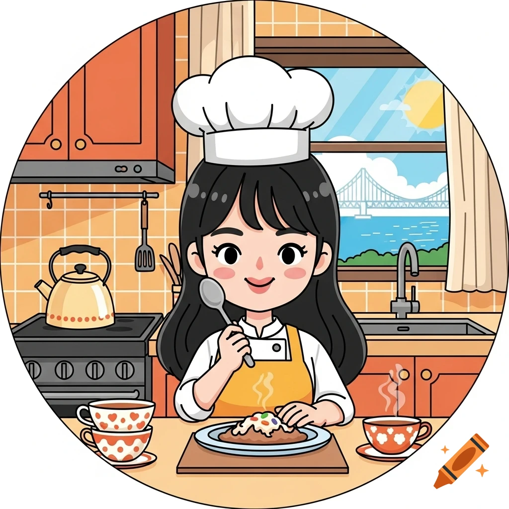 Cute cartoon chef smiling, holding a spoon over a plate of food in a cozy kitchen with a bridge and ocean view outside.