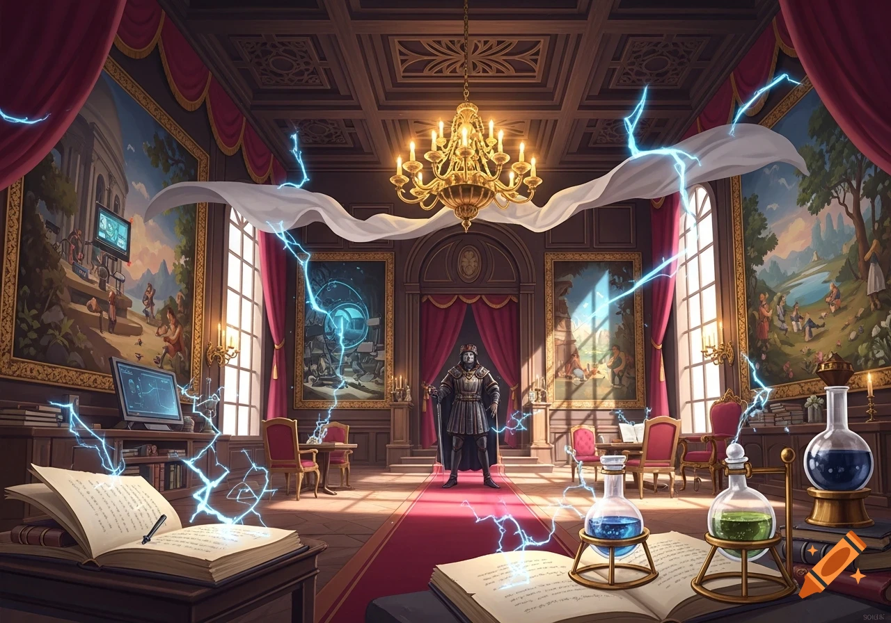 A grand Renaissance-style hall with a cloaked figure, glowing electricity, open books, and lab equipment.