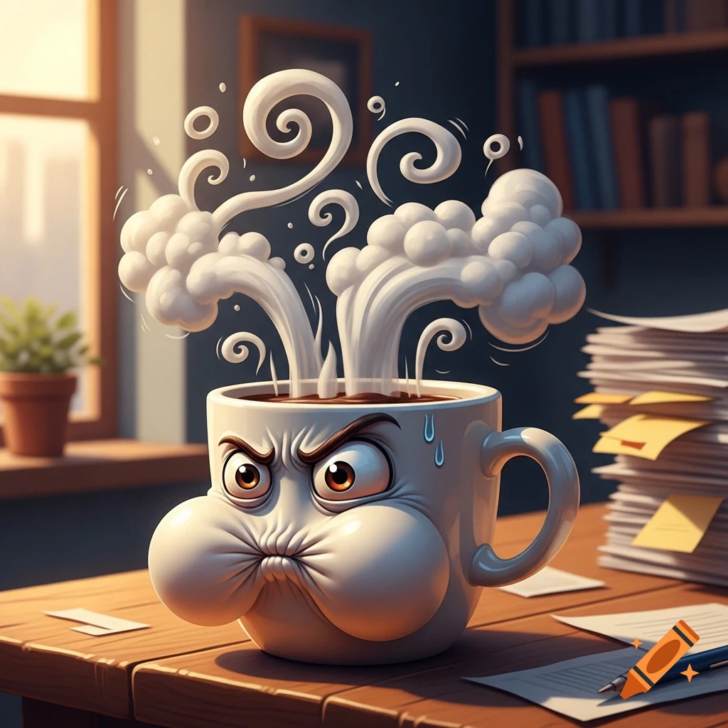 Humorous anthropomorphic coffee mug with puffed cheeks and large cartoon eyes, exhaling a huge cloud of steam in a stressed expression, on a wooden desk in a cozy home office.