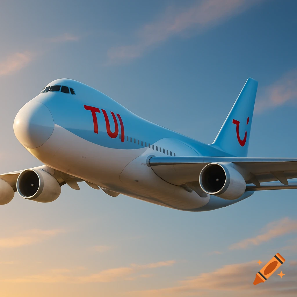 A light blue and white TUI airplane, a hybrid of AN-225 and A380 with four engines, flying under a sunset sky.