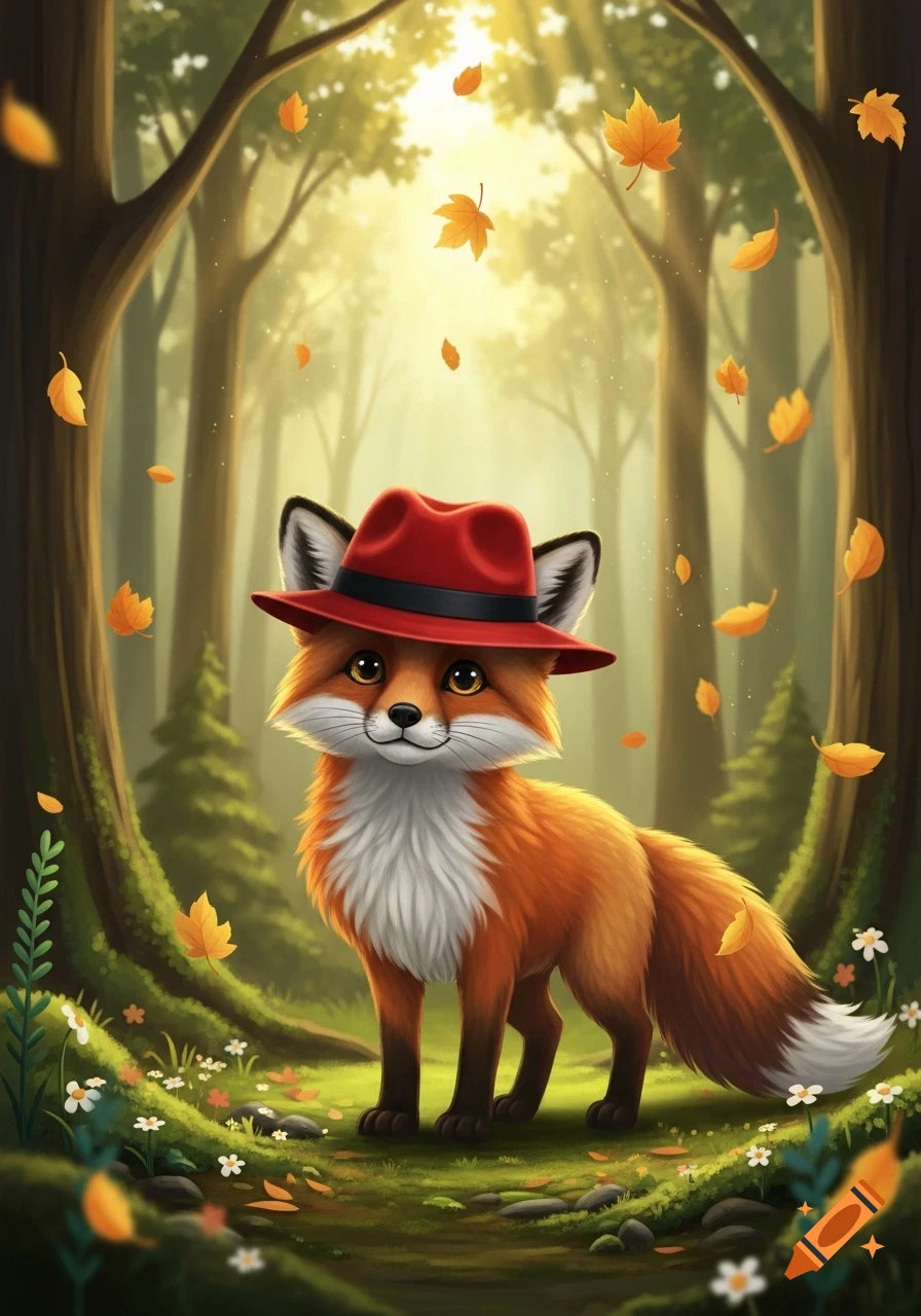 A cute, cartoon fox wearing a red fedora stands in a sunlit autumn forest with falling orange leaves.