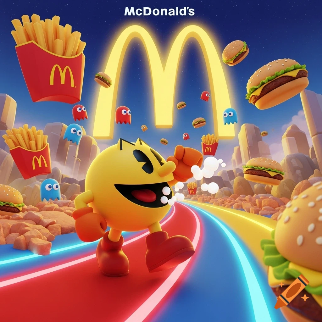 Pac-Man runs on a glowing road, surrounded by McDonald's burgers, fries, and ghosts, under a large McDonald's arch.