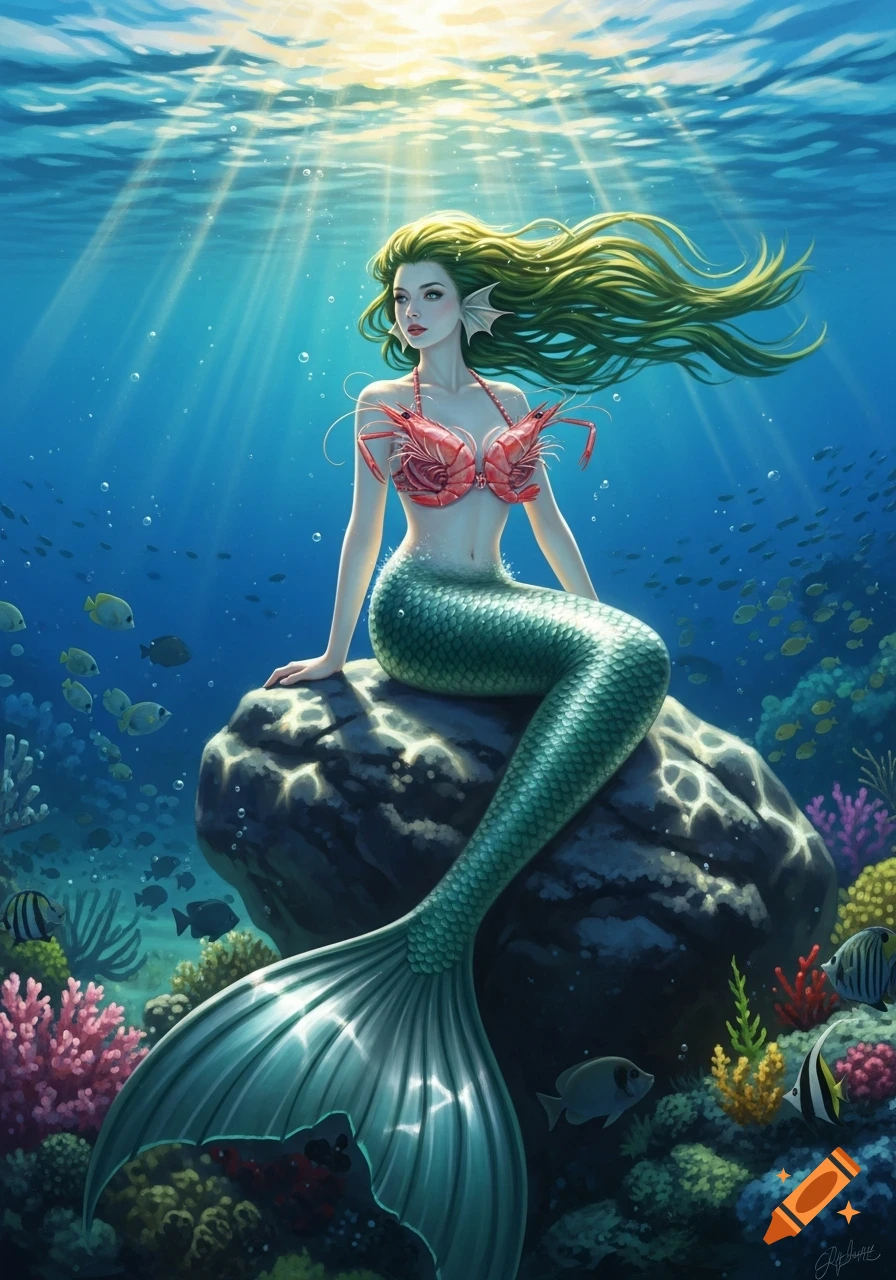 A digital painting of a green-haired mermaid wearing a prawn bra, sitting on a rock in a vibrant sunlit coral reef.