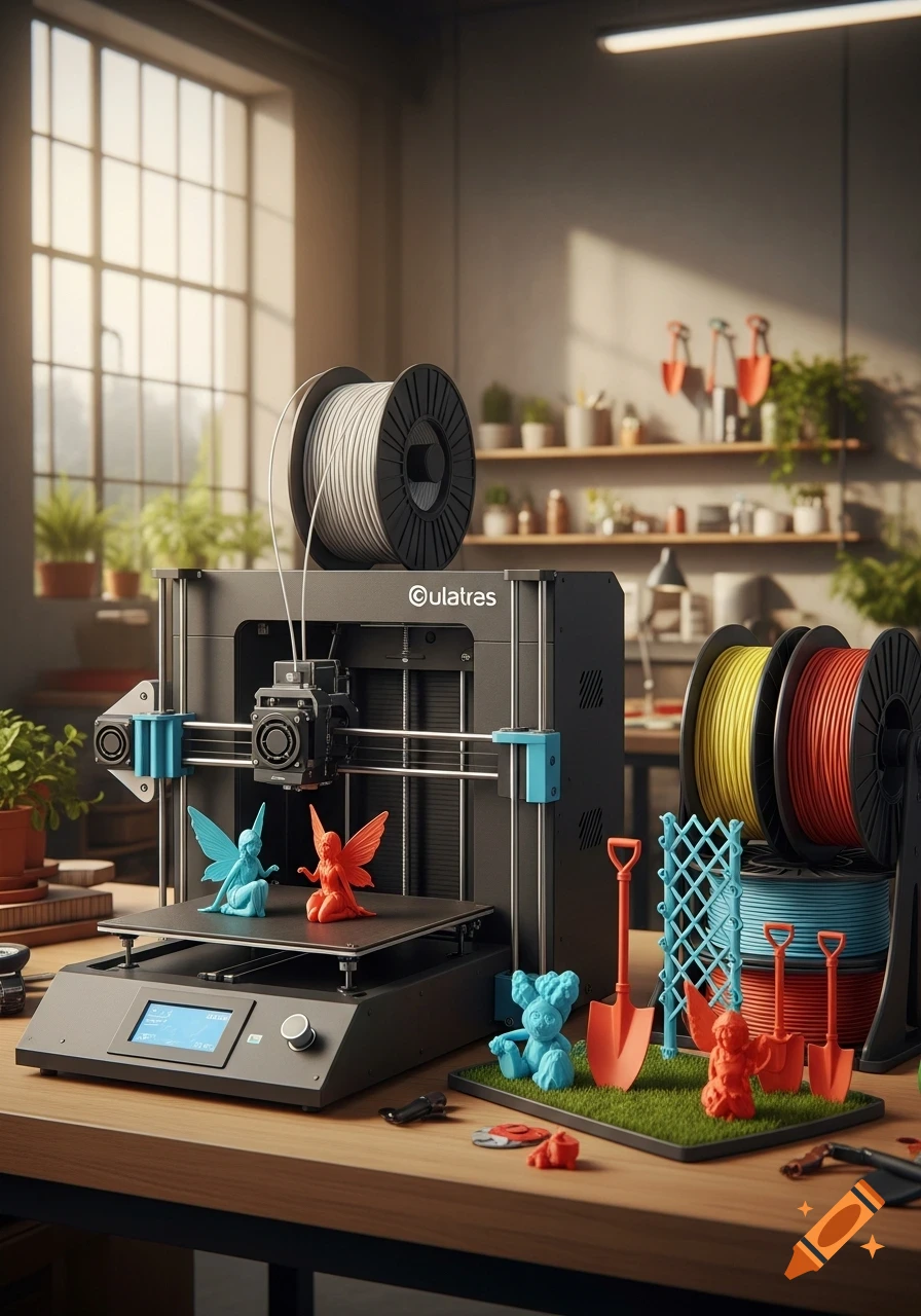 A 3D printer on a wooden table, printing colorful fairy figures and surrounded by spools of filament and printed garden tools, photorealistic.