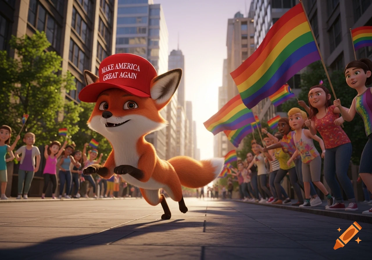 A cartoon fox in a red 'MAKE AMERICA GREAT AGAIN' hat runs from a crowd of people holding rainbow pride flags in a city street.