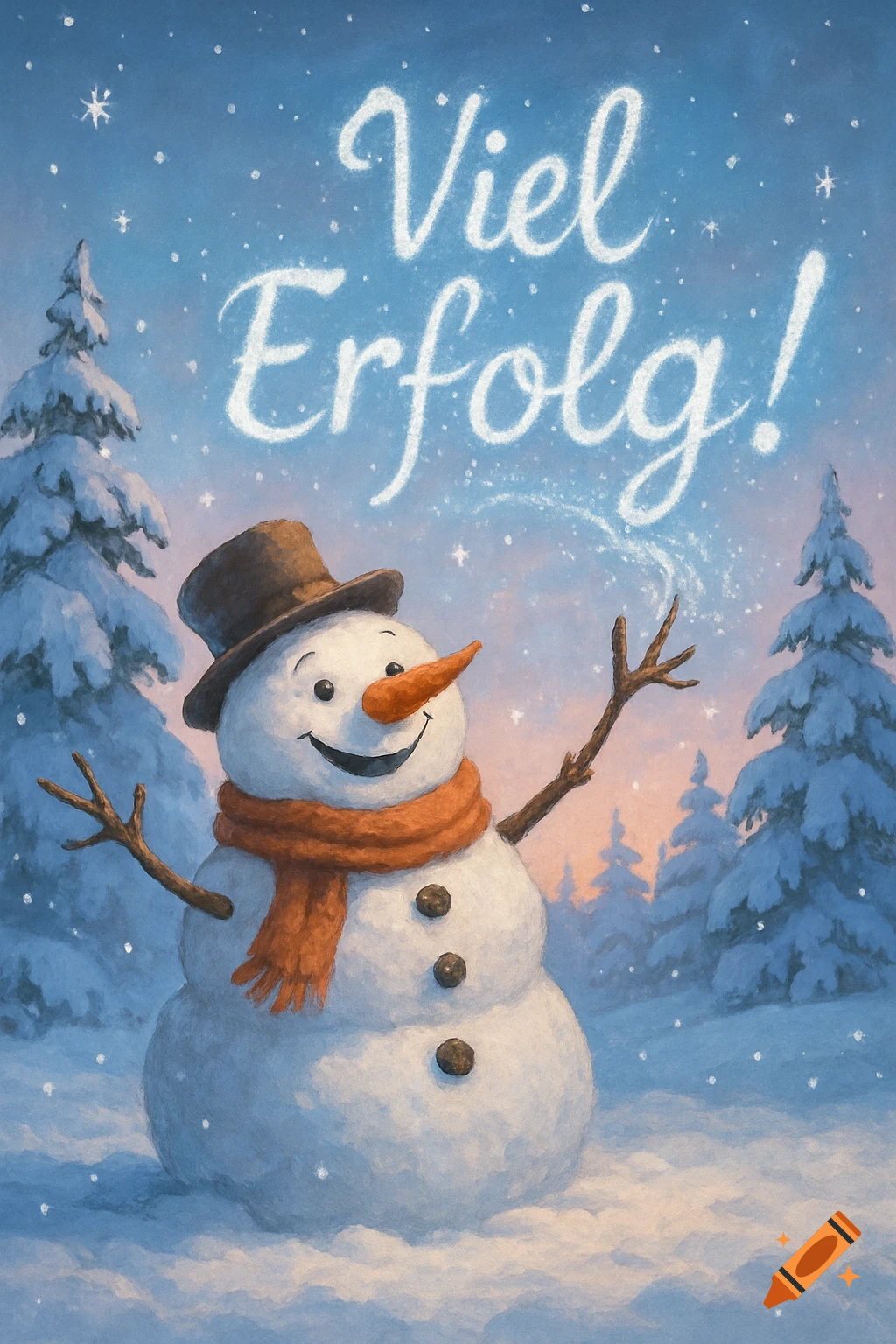 A cheerful snowman in a snowy forest, wearing a top hat and orange scarf, with glowing text 'Viel Erfolg!' in the sky, illustration.