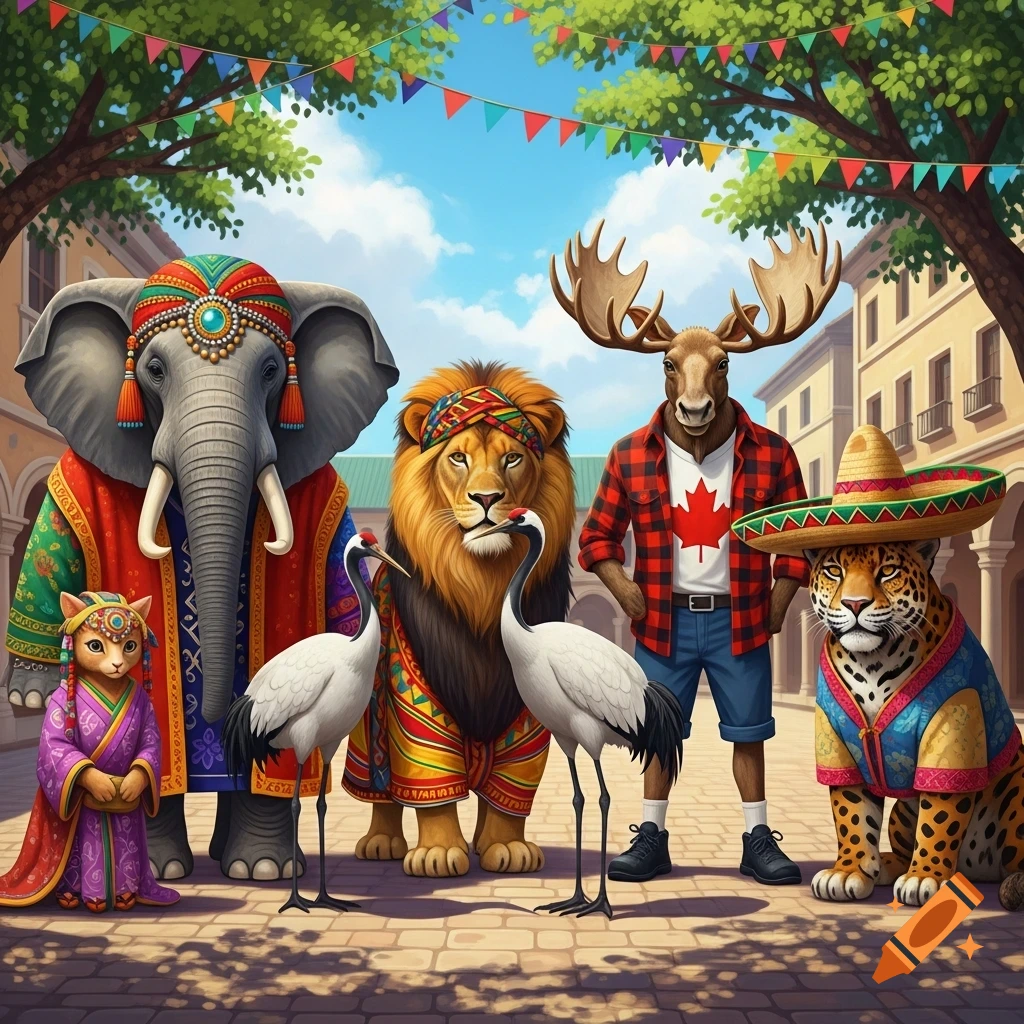 A diverse group of anthropomorphic animals in traditional attire, including an elephant, lion, moose, and jaguar, gathered on a festive street.
