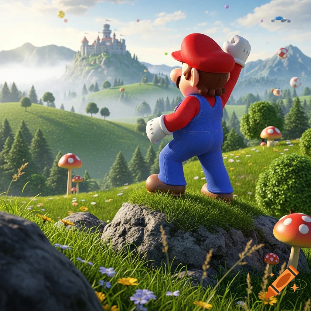 Mario stands on a rock on a grassy hill, looking towards a castle on a distant mountain in a vibrant, realistic landscape.