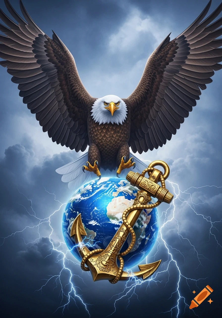 A majestic bald eagle with spread wings perched on a glowing earth globe, encircled by a golden anchor amidst stormy clouds and lightning.