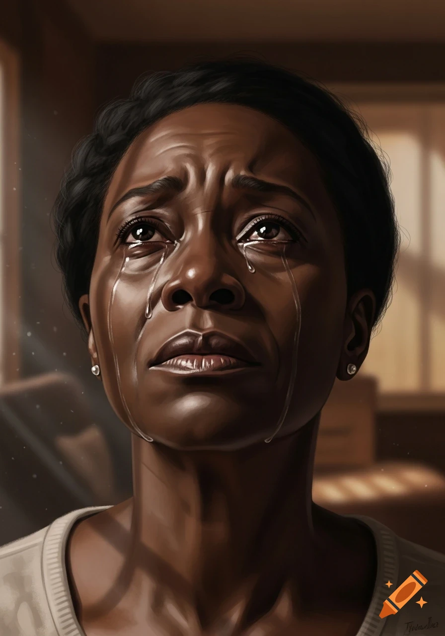 Close-up digital painting of a Black woman with tears streaming down her face, looking upwards with a pained expression.