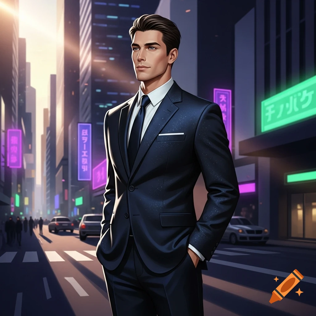 A stylized man in a dark suit stands confidently on a city street with neon signs and tall buildings at sunset.