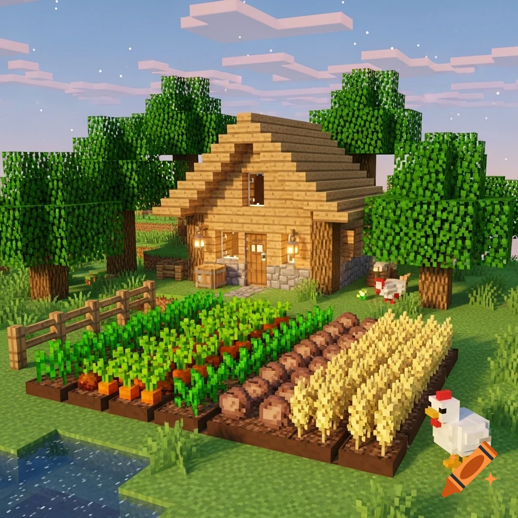 A vibrant Minecraft-style farm scene with a wooden house, rows of carrots, wheat, and potatoes, surrounded by green trees and chickens.